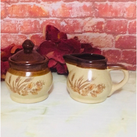Other - Vintage 70s Stoneware Wheat grass Pattern Sugar and Creamer Set